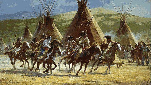 indios americanos en caballo y alrededor cabañas