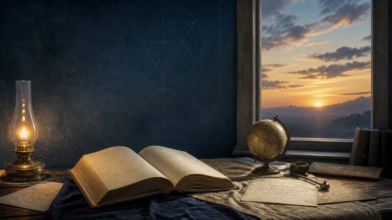 Libro abierto, lámpara y globo sobre una mesa de estudio al amanecer