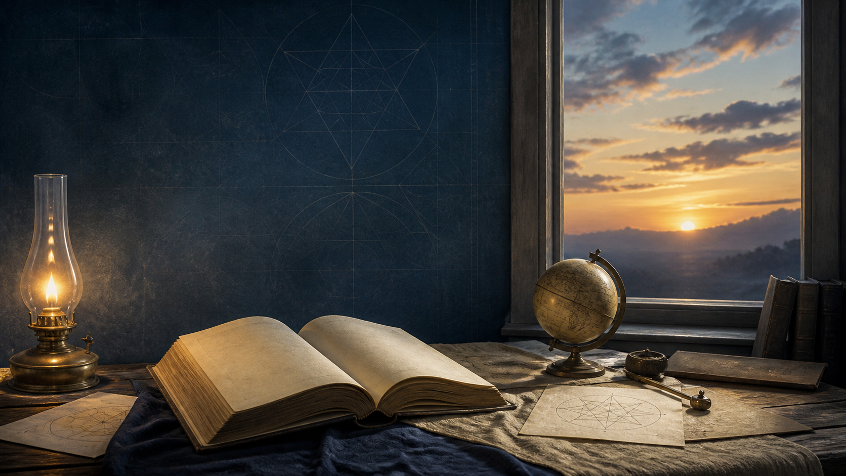 Libro abierto, lámpara y globo sobre una mesa de estudio al amanecer