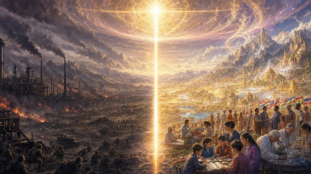 Una columna de luz blanca y dorada desciende directamente sobre la Tierra y separa escenas de guerra e industria de escenas de educación, ciencia y cooperación