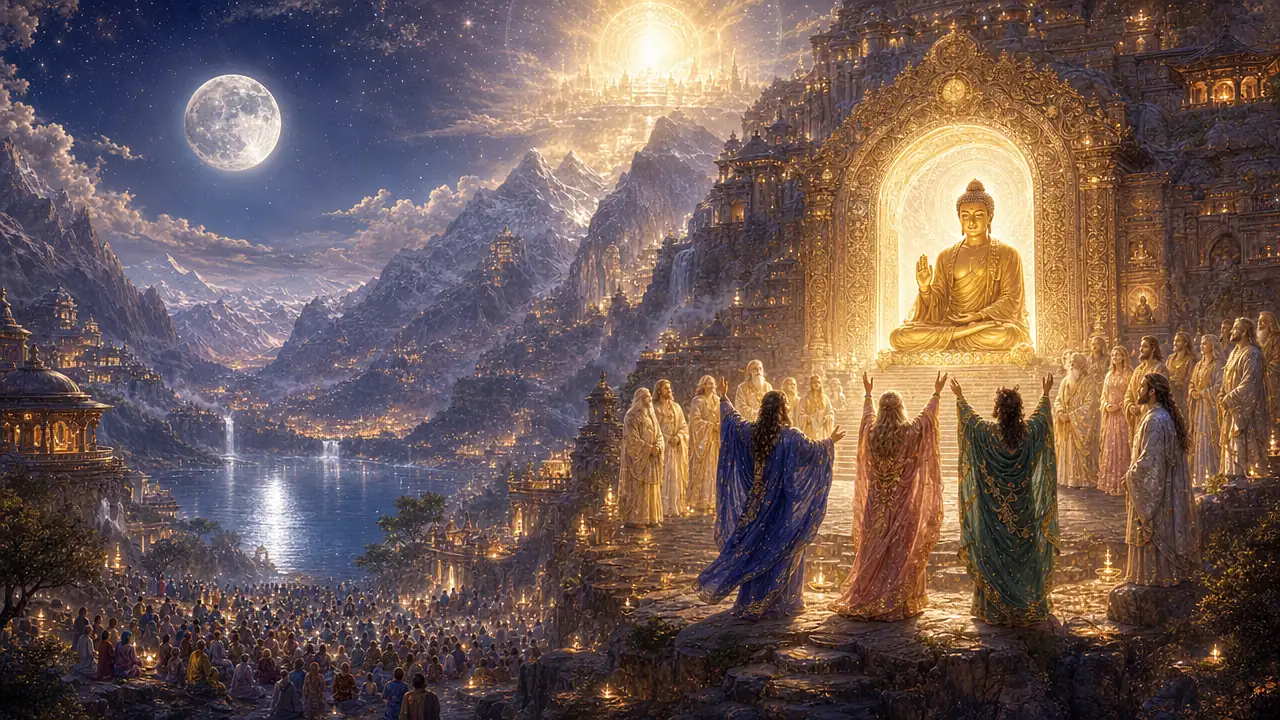 El Buda en meditación ante una puerta de luz bajo la luna llena de Tauro, con tres Maestros que invocan y una multitud que medita en el valle