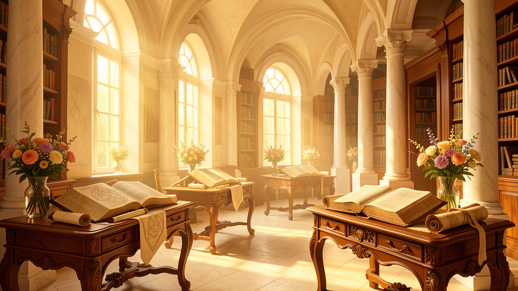 Biblioteca luminosa con libros de teosofía antiguos iluminados por la luz del sol, sabiduría espiritual