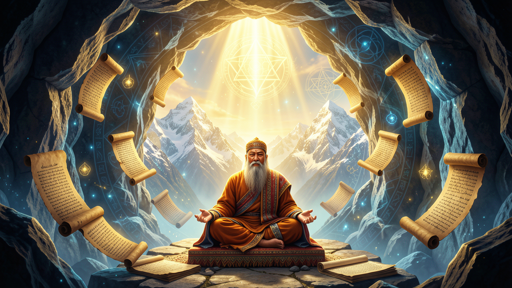 Maestro Tibetano Djwhal Khul meditando en una cueva del Himalaya con luz dorada