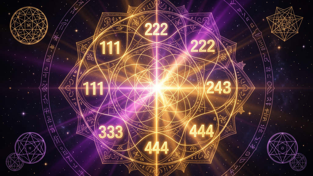 Números angelicales flotando en un mandala cósmico con geometría sagrada y espirales doradas