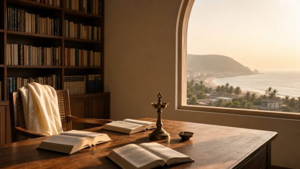 Libros abiertos, una lámpara de aceite y una ventana con vista al mar al amanecer