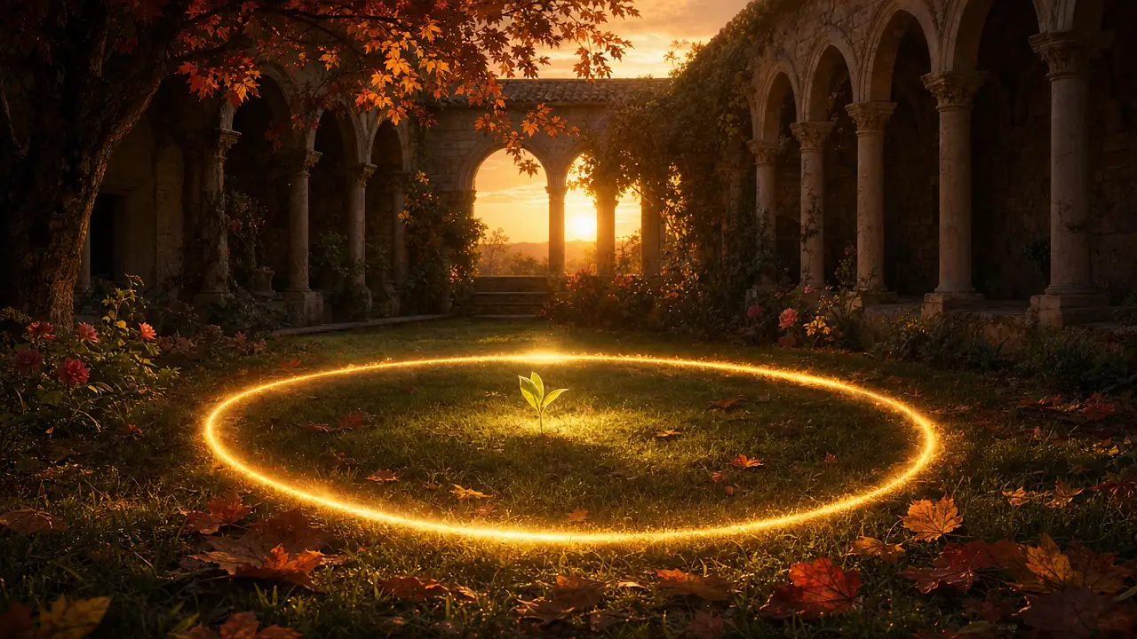 Anillo de luz dorada sobre la hierba de un claustro al atardecer con un brote verde en el centro, entre hojas de otoño