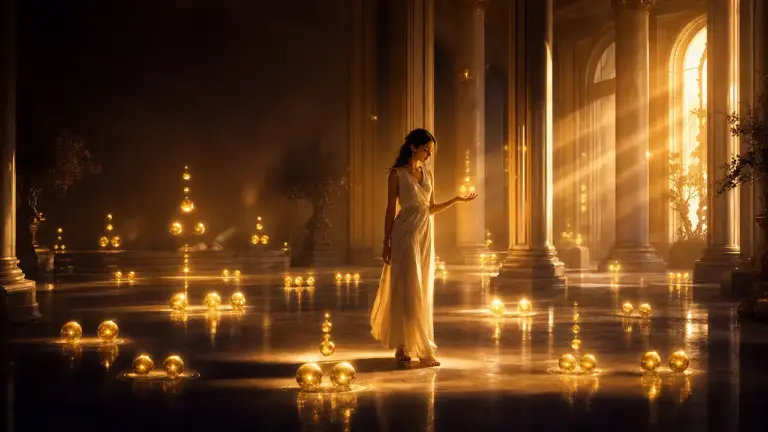 Mujer en un templo luminoso contempla grupos repetidos de esferas de luz dorada sobre el suelo, imagen de las combinaciones de números angelicales