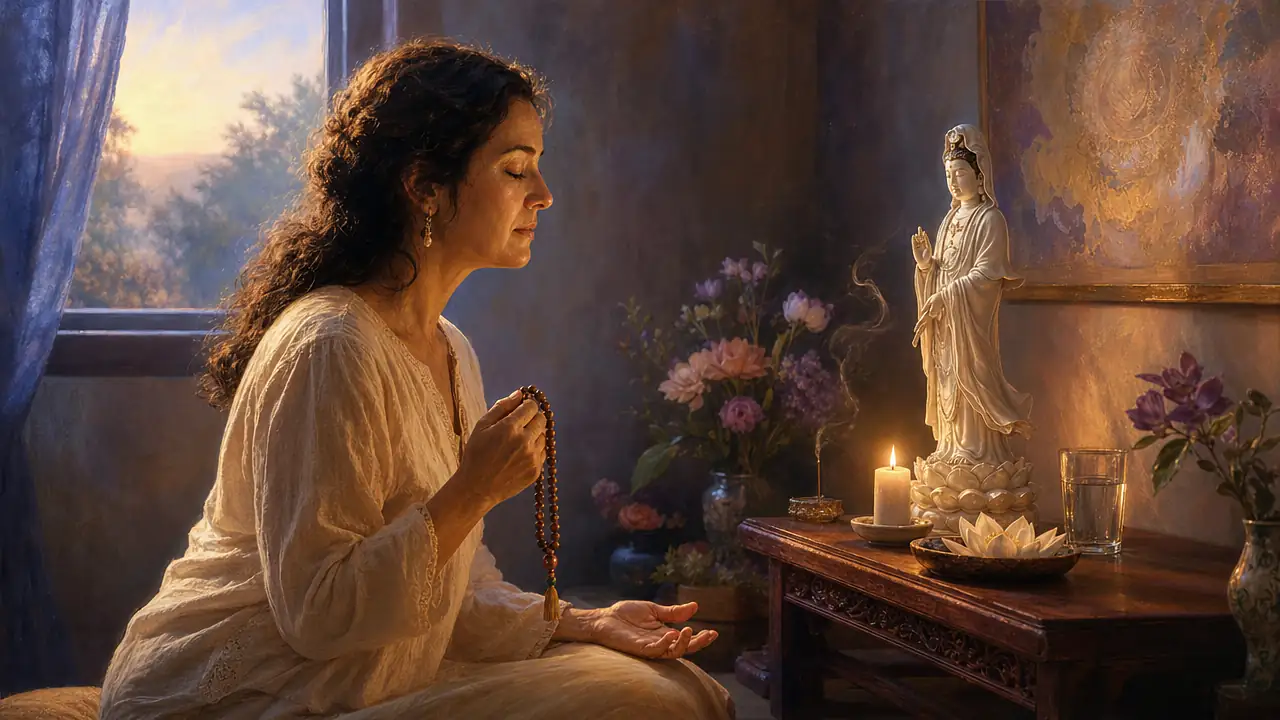 Una mujer de cabello oscuro reza con los ojos cerrados pasando las cuentas de un mala ante un pequeño altar con una figura blanca de Kwan Yin, una vela encendida, un vaso de agua y una flor de loto, al amanecer
