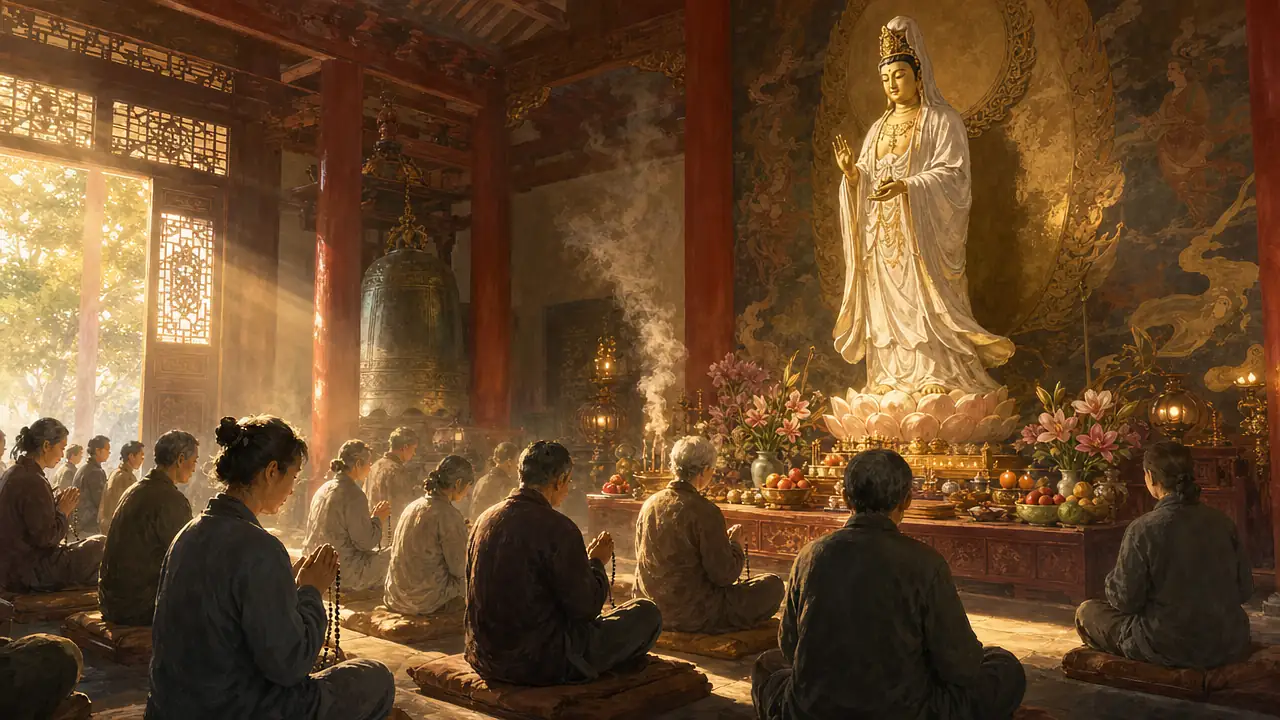 Devotos de distintas edades sentados en cojines recitan con las manos juntas y malas de oración ante una gran imagen dorada y blanca de Guanyin sobre un loto, en una sala de templo con columnas rojas, incienso y luz de la mañana