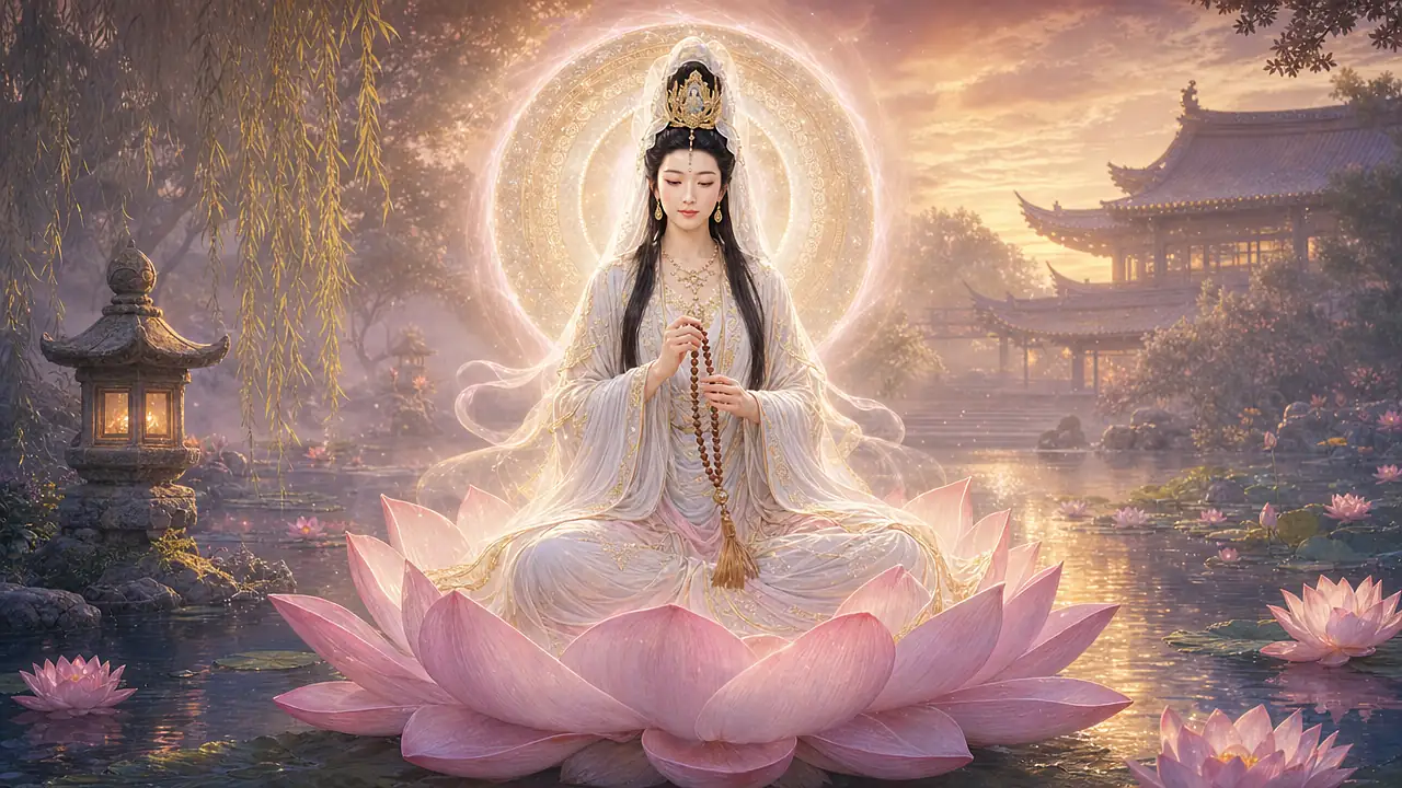 Kwan Yin, con velo blanco, diadema dorada y túnica blanca y rosa pálido, medita sentada sobre un gran loto rosa y pasa entre los dedos las cuentas de un mala de sándalo, junto a un estanque, un sauce y un templo al atardecer