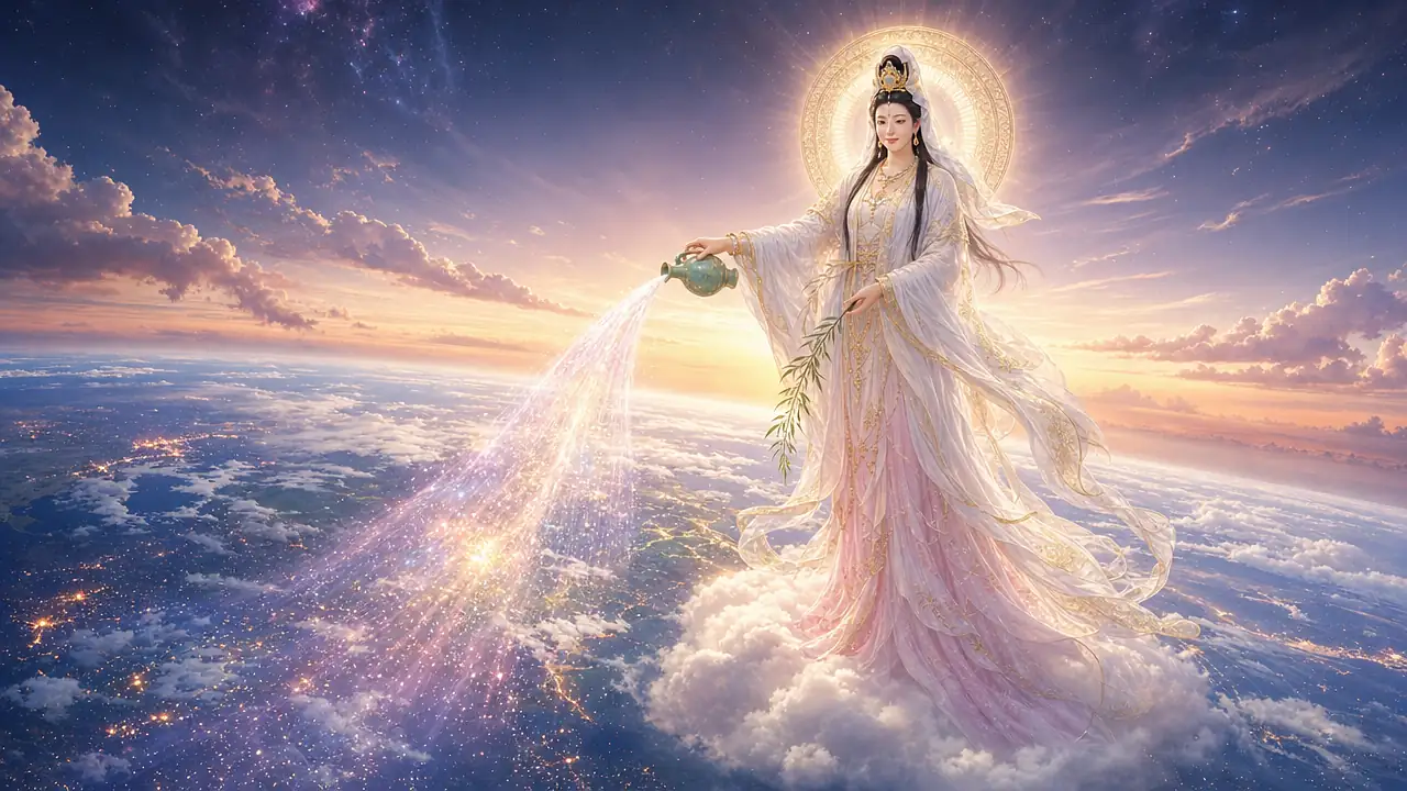 Kwan Yin, de pie sobre una nube por encima de la Tierra al atardecer, vierte desde su jarrón verde una corriente de luz nacarada, rosa y violeta sobre el planeta mientras sostiene una rama de sauce