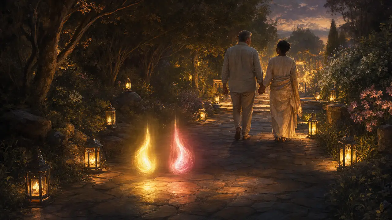 Pareja madura camina de la mano por un sendero de jardín iluminado con faroles, junto a dos pequeñas llamas de luz dorada y rosa