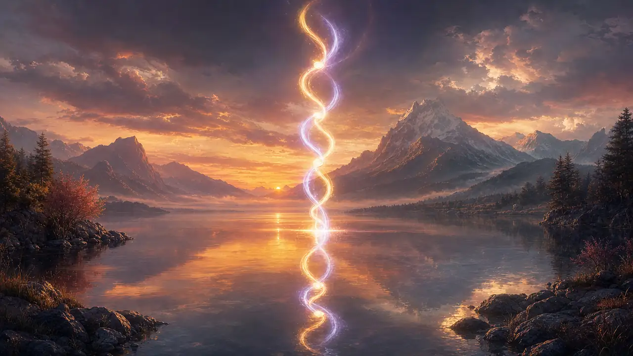 Dos hilos de luz, uno dorado y otro violeta, se entrelazan sobre un lago de montaña al atardecer y se reflejan en el agua