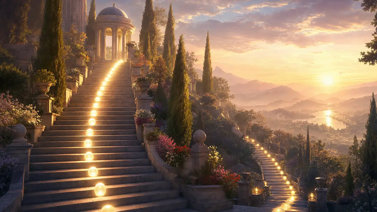 Escalera de piedra en un jardín al amanecer con esferas de luz en cada peldaño, una subiendo hacia un templo y otra bajando hacia el valle