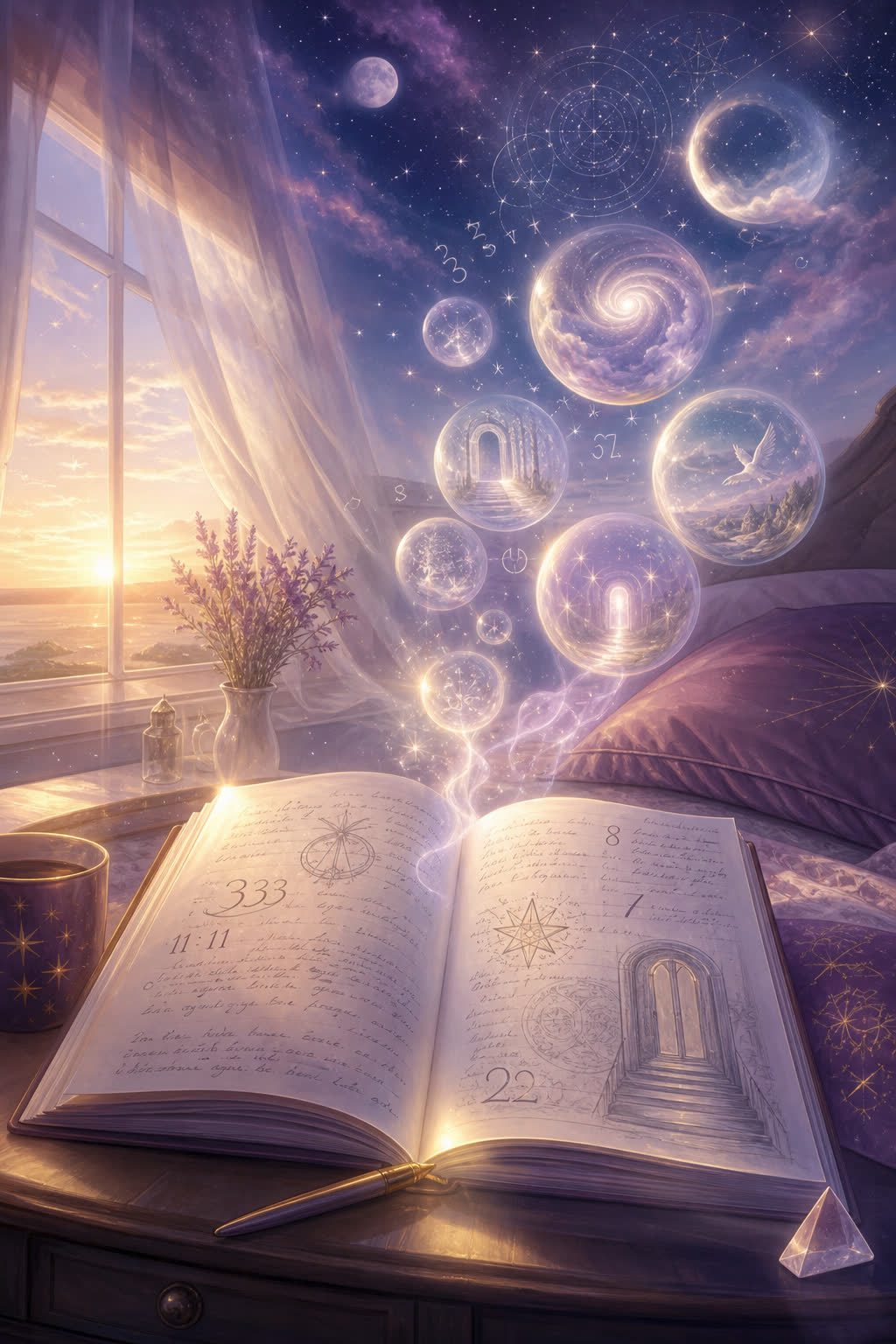 Diario de sueños con símbolos luminosos al amanecer