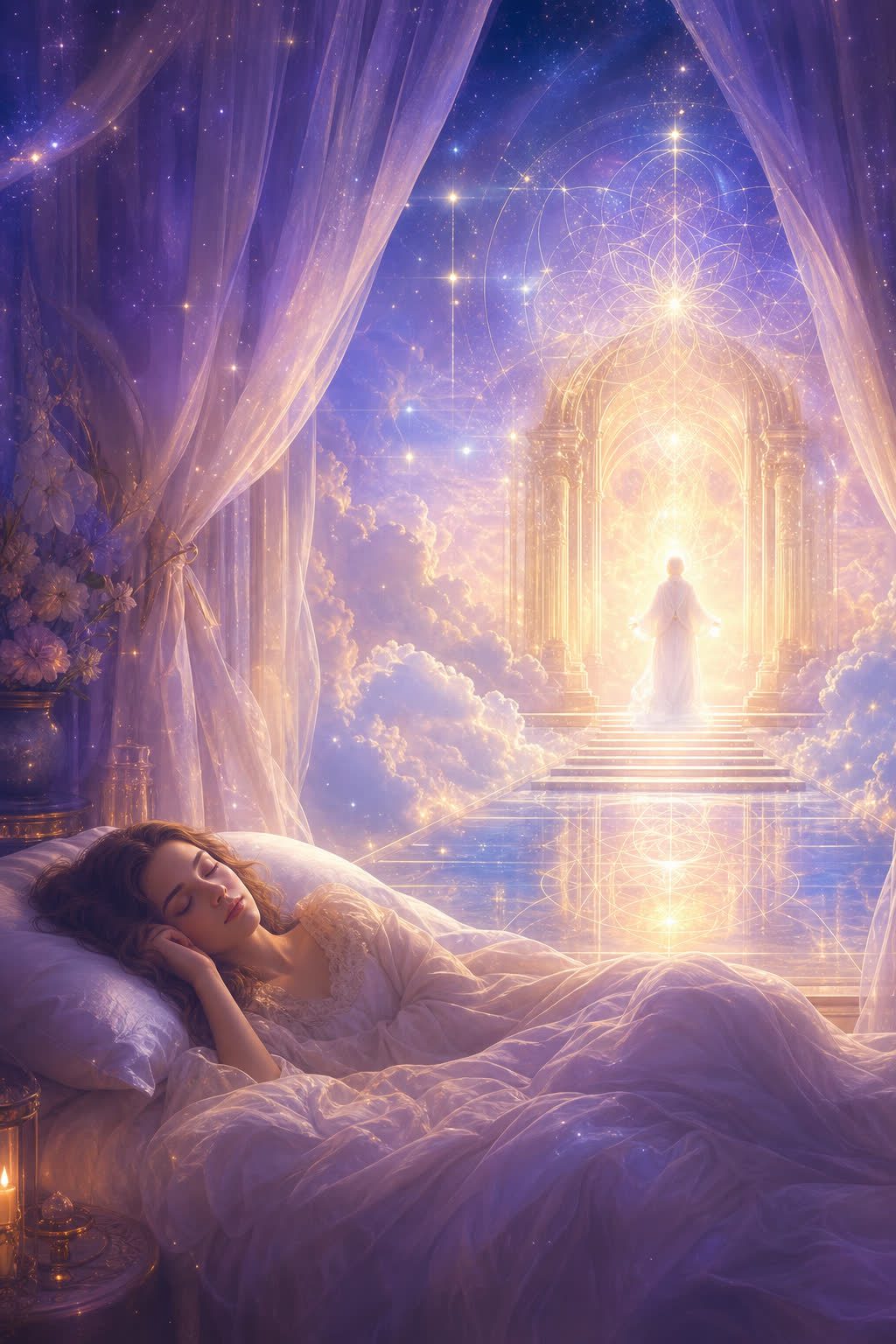 Sueño espiritual con guía luminosa en un templo de luz