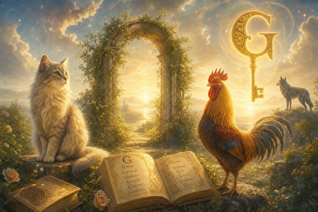Ilustración onírica de la letra G con símbolos de guía, jardín y luz espiritual