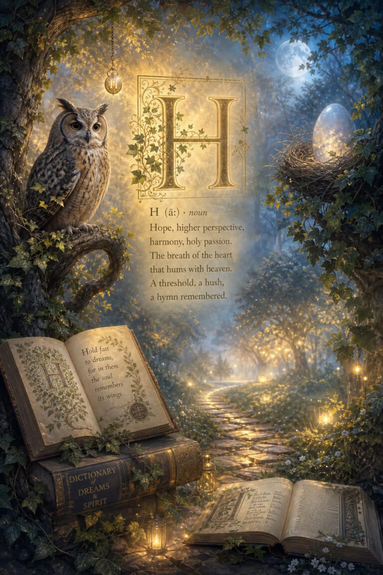 Ilustración onírica de la letra H con bosque, búho y atmósfera espiritual luminosa