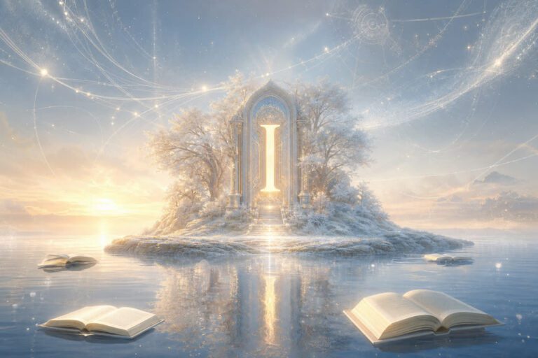 Ilustración onírica de la letra I con isla luminosa, portal y cielo intuitivo