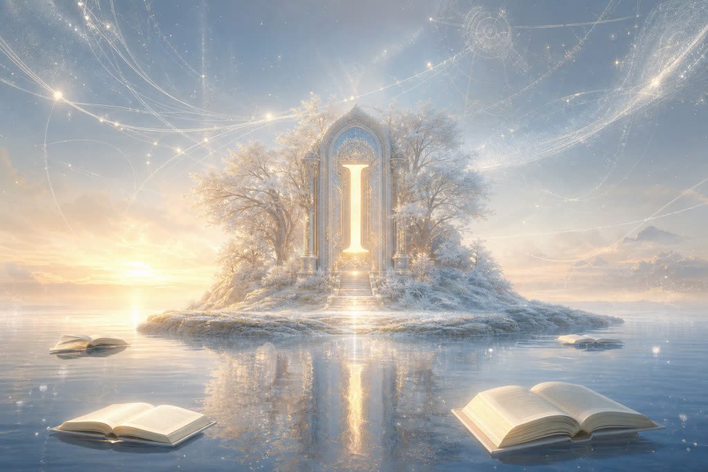 Ilustración onírica de la letra I con isla luminosa, portal y cielo intuitivo