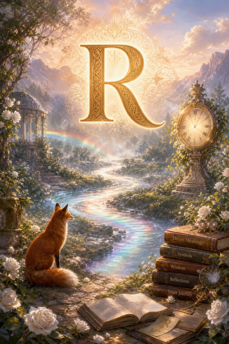 Ilustración onírica de la letra R con río, rosas blancas y reflejos de luz