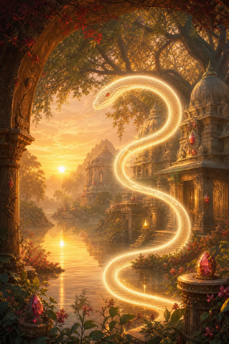 Ilustración onírica de la letra S con serpiente de luz, templo y sol sobre el agua