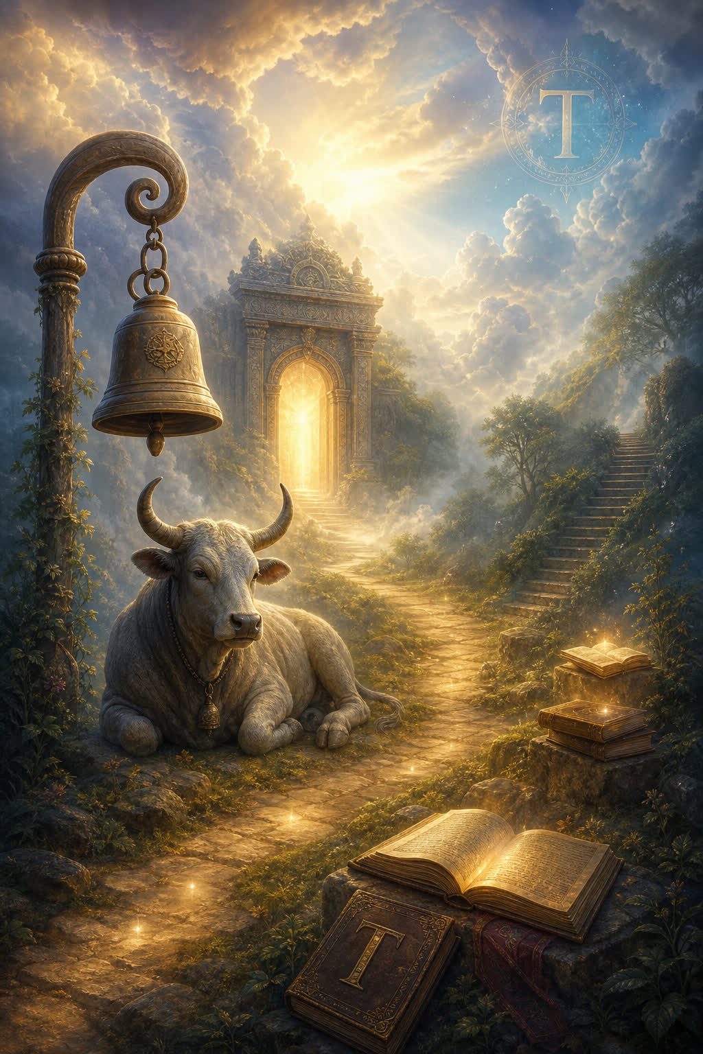 Ilustración onírica de la letra T con sendero, toro sereno y templo iluminado