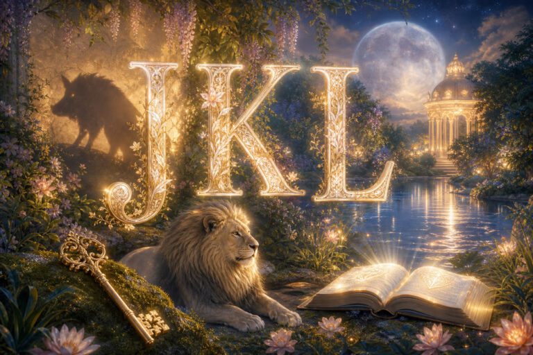 Ilustración onírica de las letras J K y L con jardín, llave, lago y león simbólico