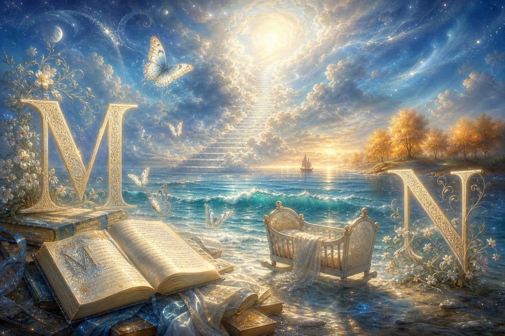 Ilustración onírica de las letras M y N con mar luminoso, mariposas y escalera de nubes