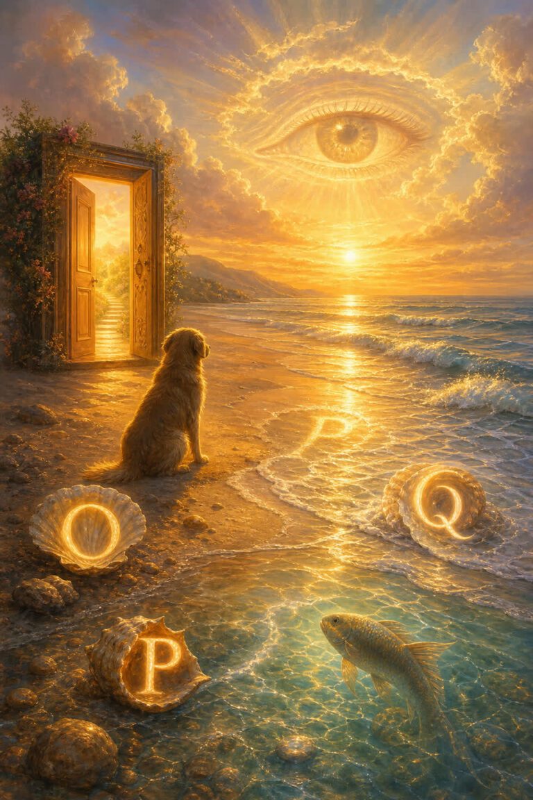 Ilustración onírica de las letras O P y Q con playa, perro, puerta y peces bajo el agua