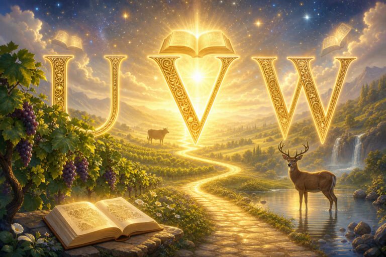 Ilustración onírica de las letras U V y W con valle verde, agua y camino luminoso