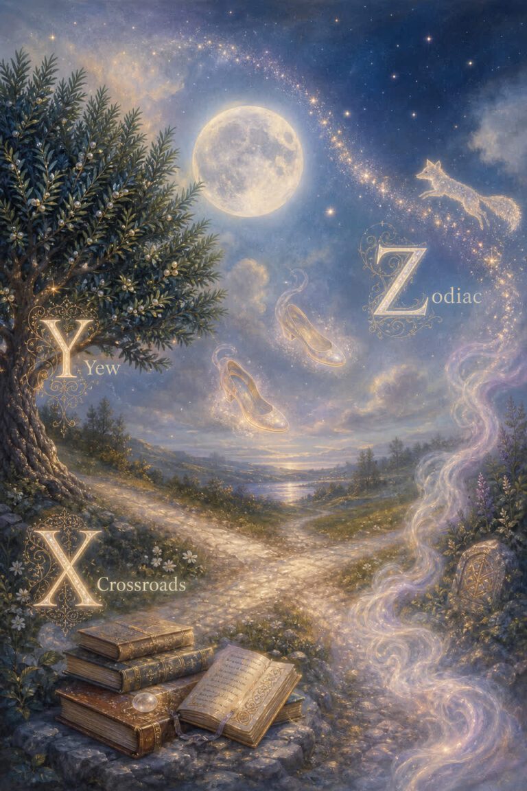 Ilustración onírica de las letras X Y y Z con cruce de caminos, árbol y estrellas