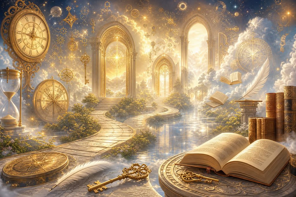 Ilustración onírica de símbolos diversos con puertas, relojes, plumas, agua y estrellas