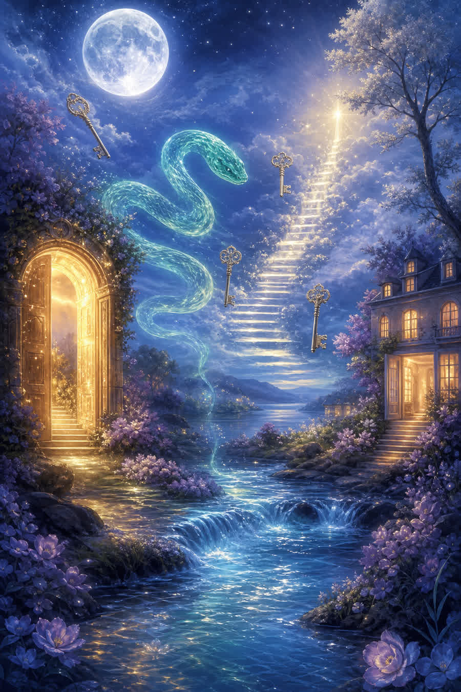 Símbolos oníricos como agua, serpiente, puerta y escalera en un paisaje espiritual