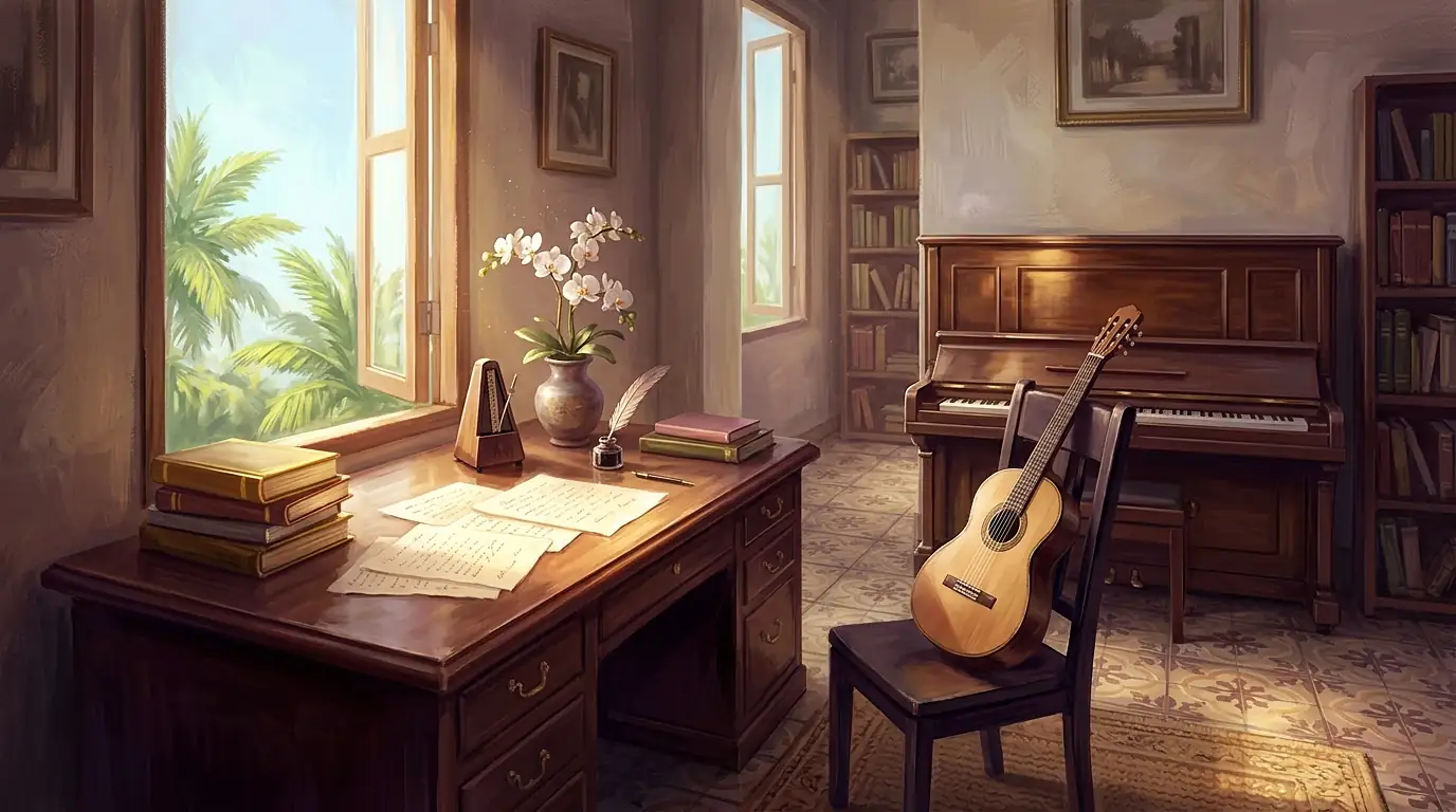 Escritorio de madera junto a una ventana tropical de Caracas en los años cuarenta, con una pila de libros de cantos dorados, una guitarra, un piano vertical y orquídeas blancas