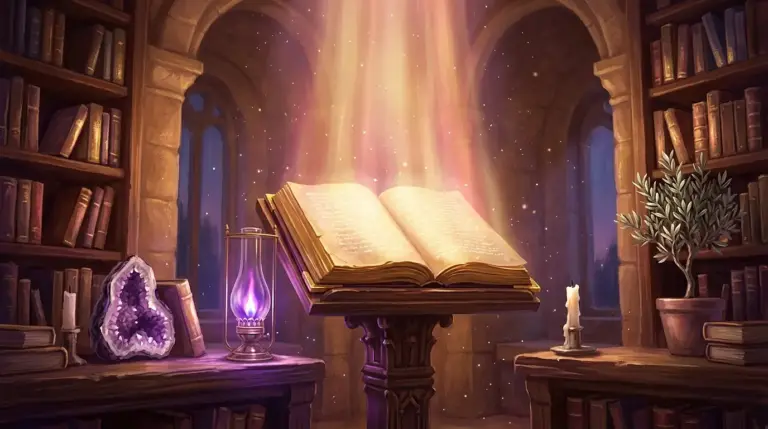 Un libro antiguo de cantos dorados abierto sobre un atril de madera en una biblioteca cálida, del que asciende una columna de luz dorada junto a una pequeña llama violeta en una lámpara de cristal