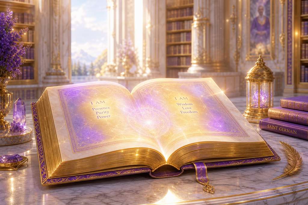 Libro de Oro abierto con luz violeta y dorada en una biblioteca espiritual