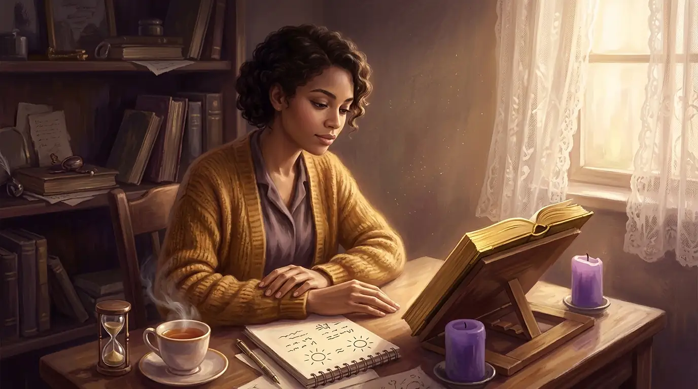 Una joven lee un libro de cantos dorados sobre un atril junto a la ventana en la mañana, con cuaderno, bolígrafo, reloj de arena y una taza de té humeante