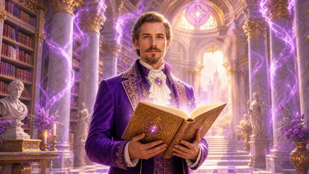 Saint Germain en una biblioteca luminosa sosteniendo el Libro de Oro