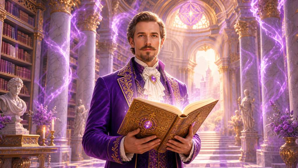 Saint Germain en una biblioteca luminosa sosteniendo el Libro de Oro