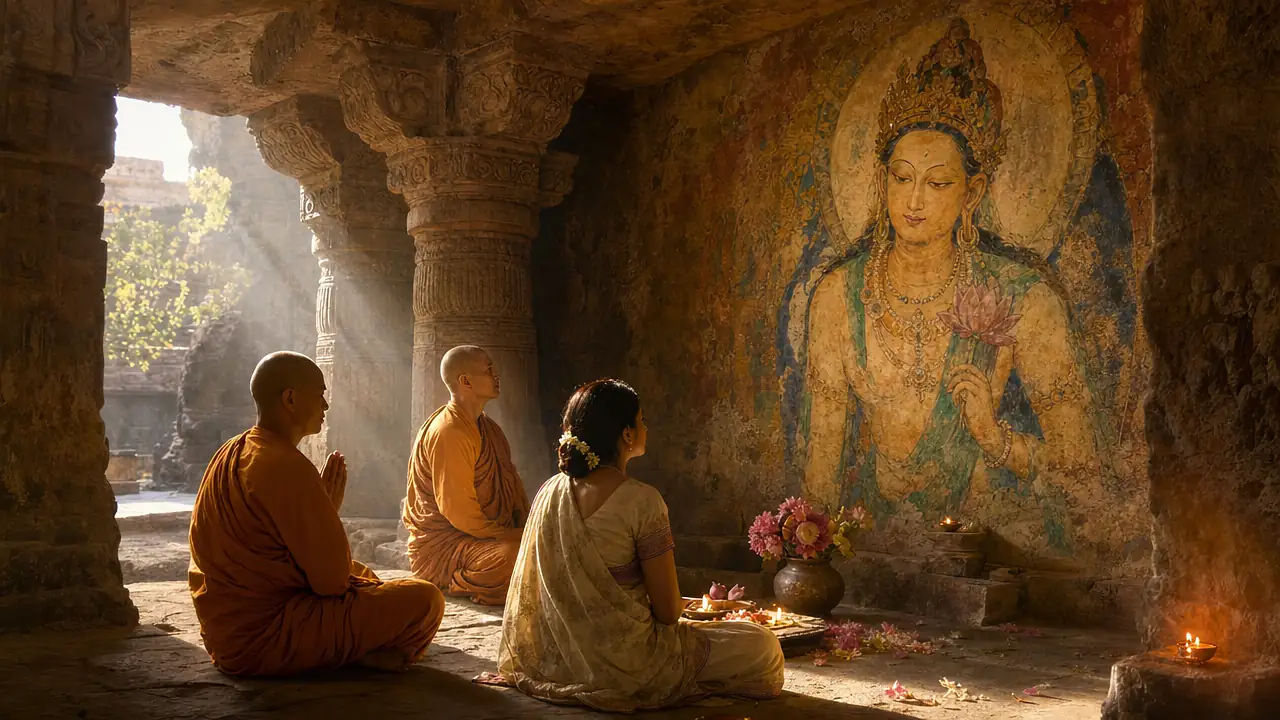 Dos monjes con túnica azafrán y una peregrina en sari meditan ante una pintura mural antigua del bodhisattva Avalokiteśvara, un joven príncipe coronado con una flor de loto en la mano, en una cueva-templo iluminada por lámparas