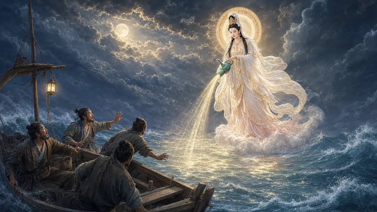 Kwan Yin, de pie sobre una nube en una noche de tormenta, vierte luz desde su jarrón verde hacia una pequeña barca de pescadores que la miran con esperanza mientras las olas se calman