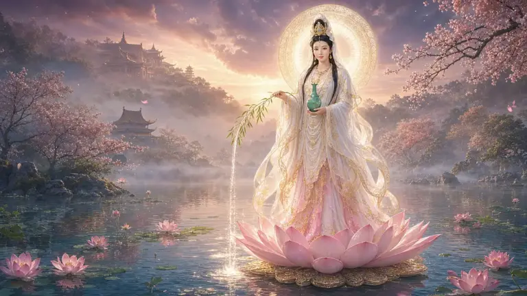 Kwan Yin, con velo blanco, diadema dorada y túnica blanca y rosa pálido, de pie sobre un gran loto rosa en un lago al amanecer, sostiene un jarrón verde celadón y una rama de sauce de la que cae un hilo de agua luminosa