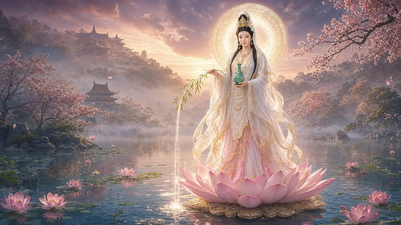 Kwan Yin, con velo blanco, diadema dorada y túnica blanca y rosa pálido, de pie sobre un gran loto rosa en un lago al amanecer, sostiene un jarrón verde celadón y una rama de sauce de la que cae un hilo de agua luminosa