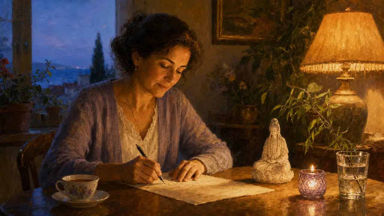 Una mujer escribe a mano en su mesa al anochecer junto a una pequeña figura de porcelana de Guanyin, una vela violeta encendida, una taza de té y un vaso de agua con una ramita de sauce