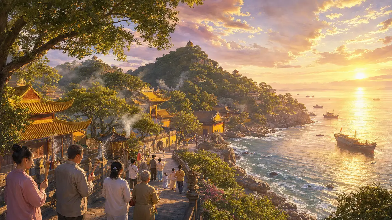 Peregrinos con varillas de incienso recorren un camino de piedra entre templos de tejados amarillos en la isla de Putuo Shan, junto al mar dorado del amanecer con barcas de pesca