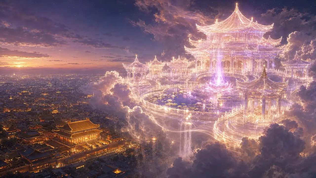 Un templo de estilo chino hecho de luz nacarada, rosa y violeta flota entre nubes sobre Pekín al anochecer, con un estanque de lotos y una llama violeta en su centro, y la Ciudad Prohibida iluminada abajo