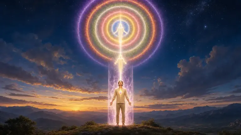 Pintura luminosa de la lámina de la Presencia YO SOY: arriba una figura de luz rodeada de siete esferas de colores, en el centro el Santo Ser Crístico sobre un rayo de luz cristalina y abajo una persona envuelta en llama violeta dentro de un tubo de luz blanca