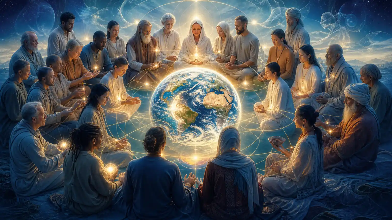 Grupo diverso de servidores del mundo reunidos en meditacion y servicio alrededor de una Tierra luminosa