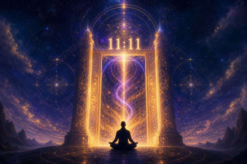 Portal 11:11 como puerta dimensional de luz dorada y violeta